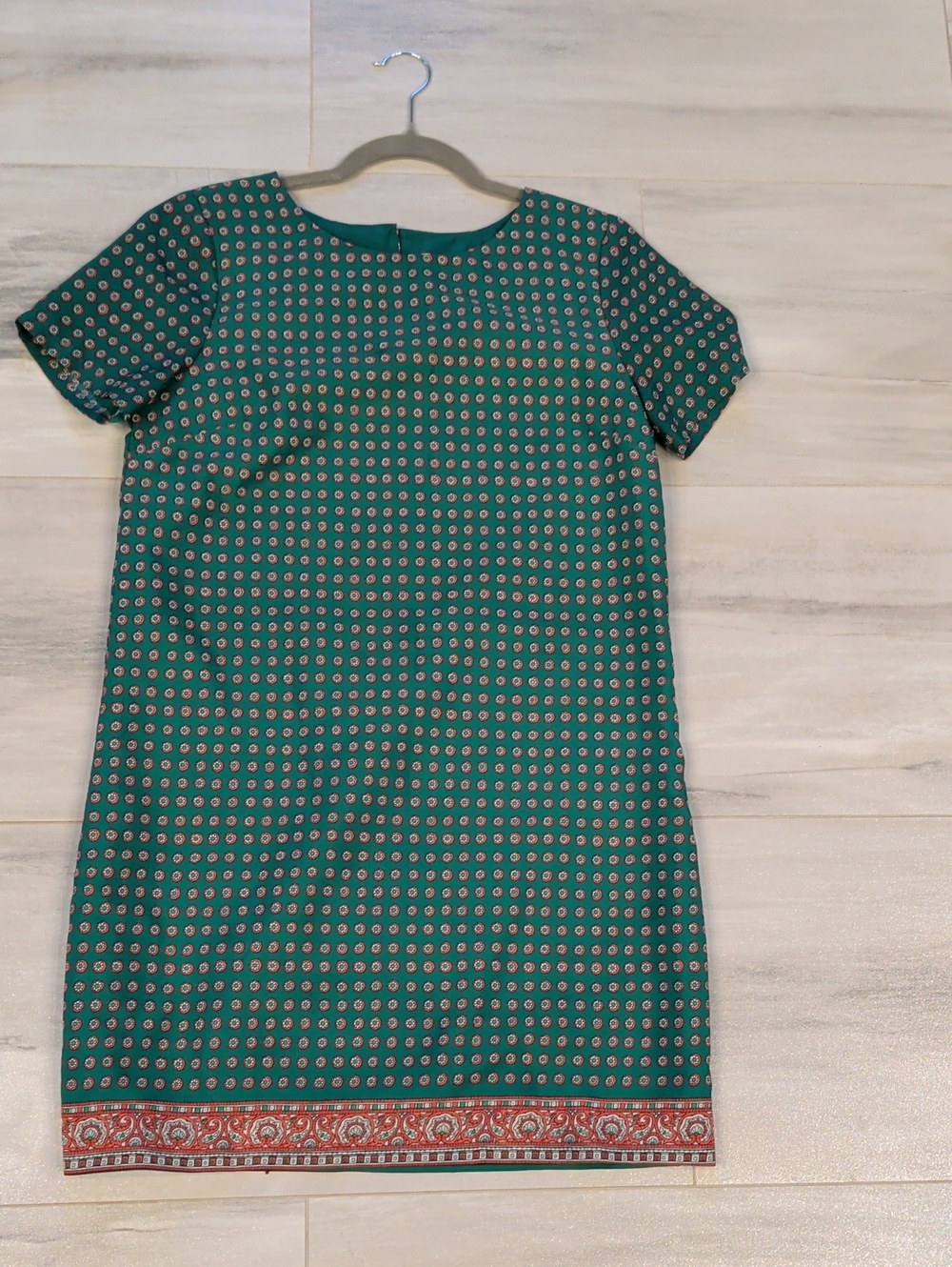 J. Crew Green Short-Sleeve Shift Dress with Printed Border